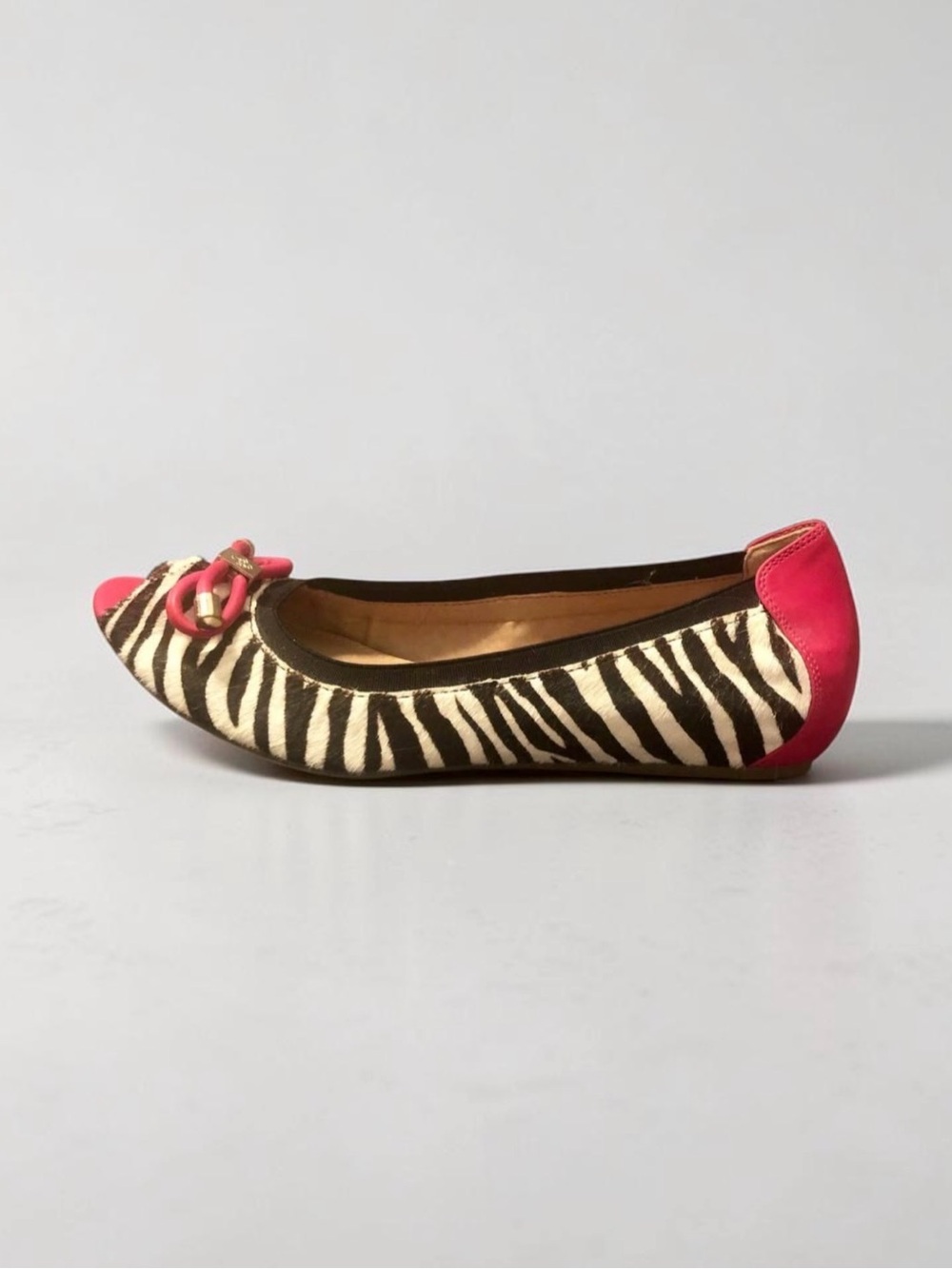 BCBGeneration Zebra Print Peep-Toe Flats with Hot Pink Trim - Picture 2 of 2